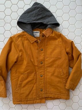 Old Navy Boys' Mustard Yellow Hooded Puffer Jacket with Gray Hood